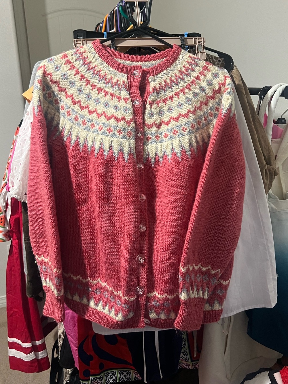 Women’s Pink Fair Isle Button-Front Cardigan Sweater - Picture 3 of 16
